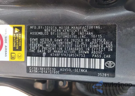 2016 Toyota Camry Le из США, поврежденный, VIN 4T4BF1FK7GR534753